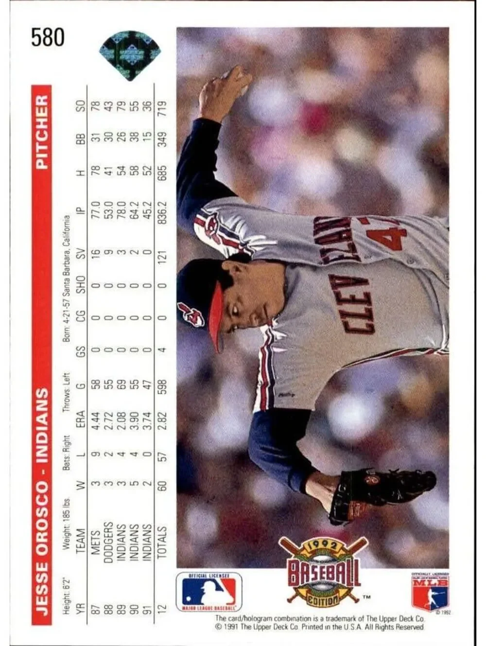 Jesse Orosco 1992 Upper Deck MLB #580 Baseball Card Cleveland Indians